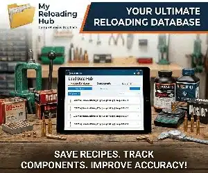 Tablet displaying My Reloading Hub software, surrounded by reloading tools and components for improved accuracy.